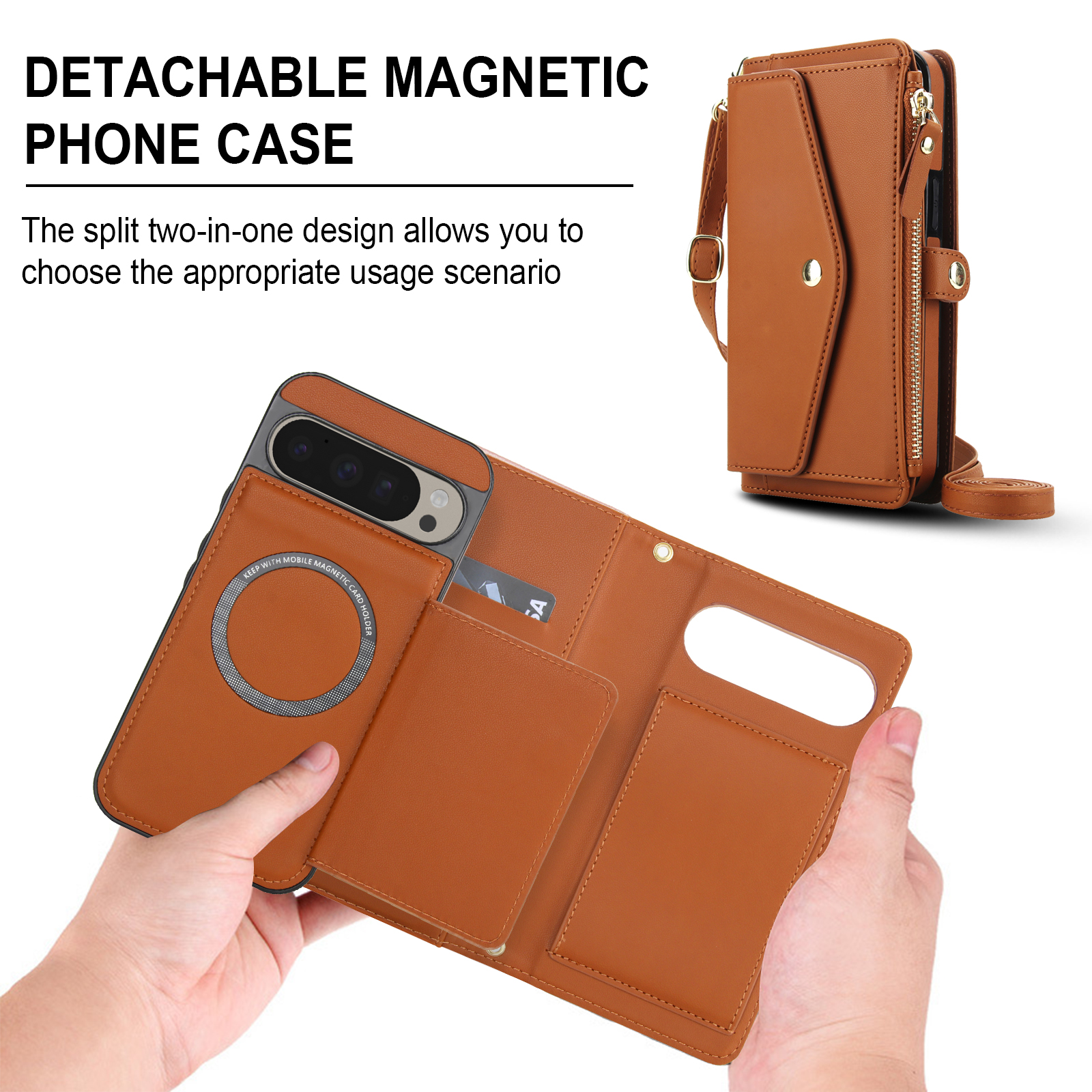 Designed for Google Pixel 8 Multi-Function Wallet Phone Case,With Shoulder Strap&Wrist Strap,Cash Pocket&Card Slots,Zipper Purse,Magnetic Detachable PU Leather Flip Phone Case,Brown
