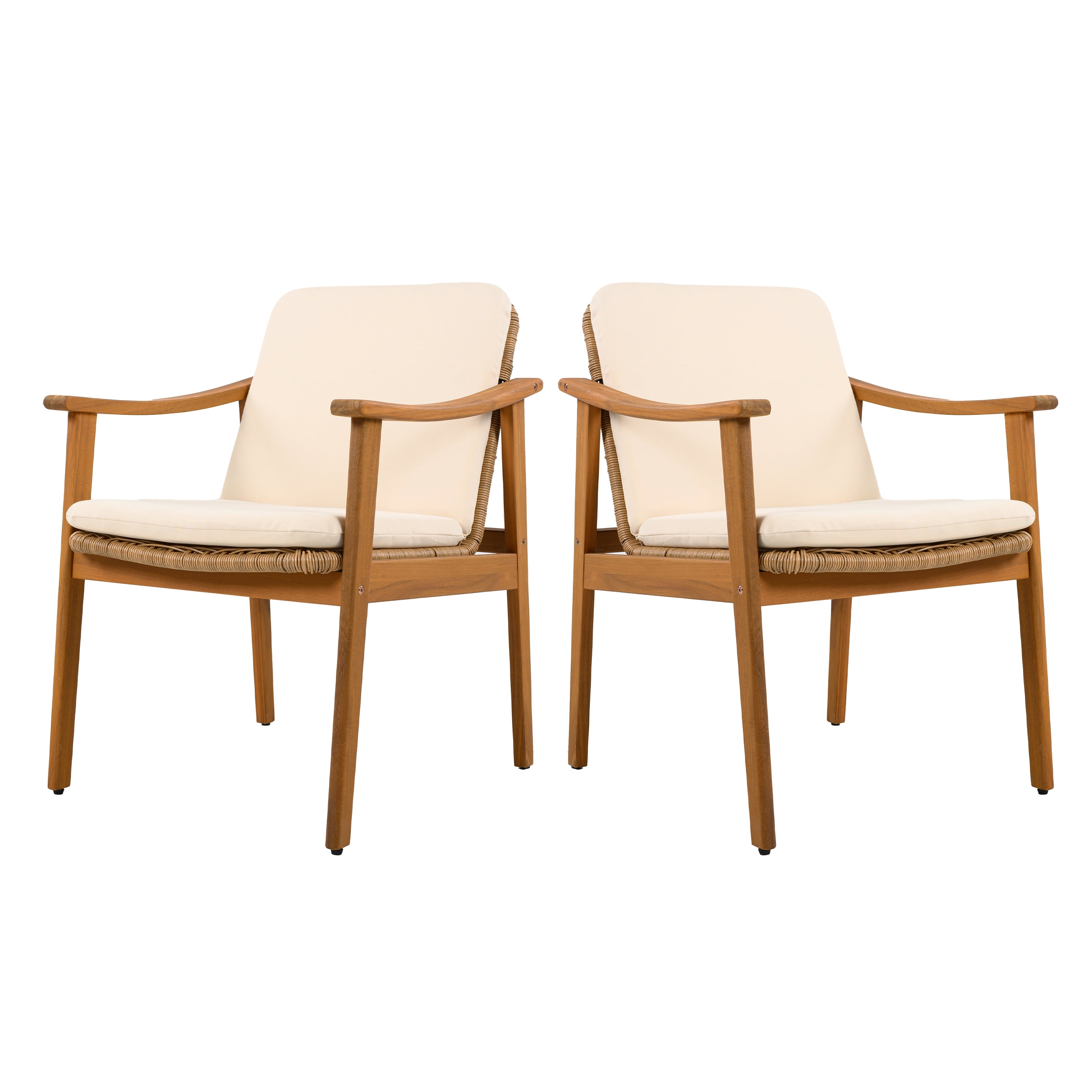 Outdoor Dining Chairs Set of 2, Teak Color Acacia Wood Frame Brown PE Wicker Beige Waterproof Cushion, Teak
