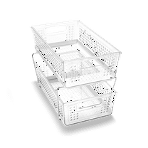 madesmart Premium 2 Tier Organizer, Multi-Purpose Slide-Out Storage Baskets with Handles, Clear/White
