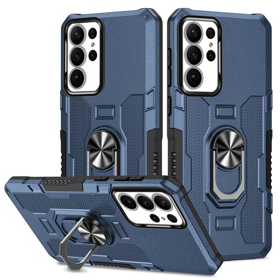 Military Grade Drop Impact for Samsung Galaxy S22 Ultra Rugged Case, 360 Metal Magnetic Car Rotating Ring Kickstand Holder Armor Heavy Duty Shockproof Case For Samsung Galaxy S22 Ultra,Blue