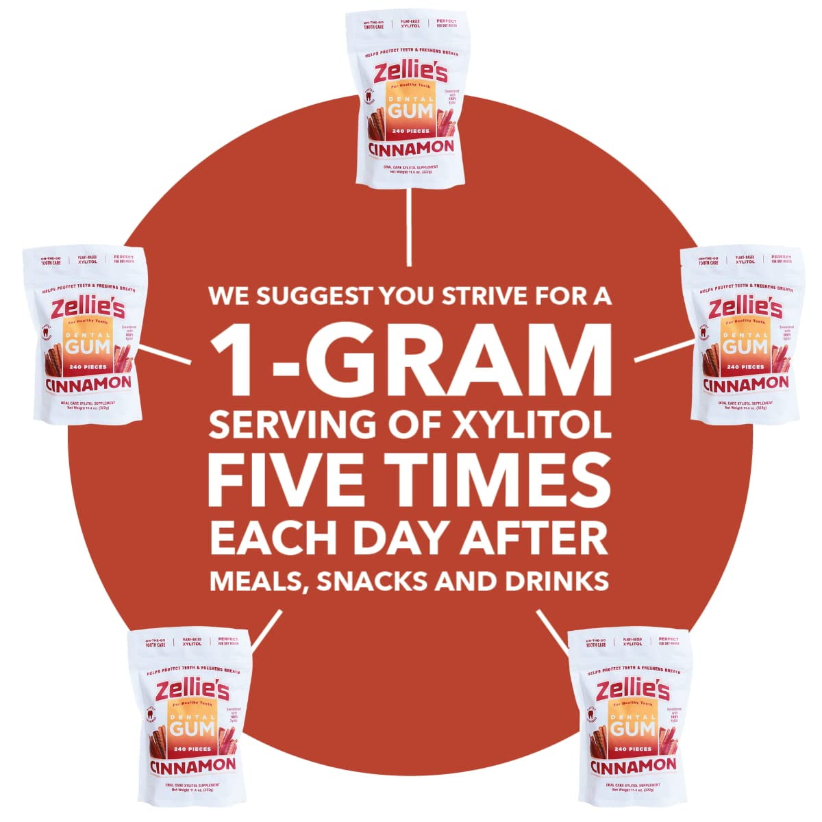Zellies Xylitol Dental Gum, Cinnamon Flavor, Single Pouch, 240 Count
