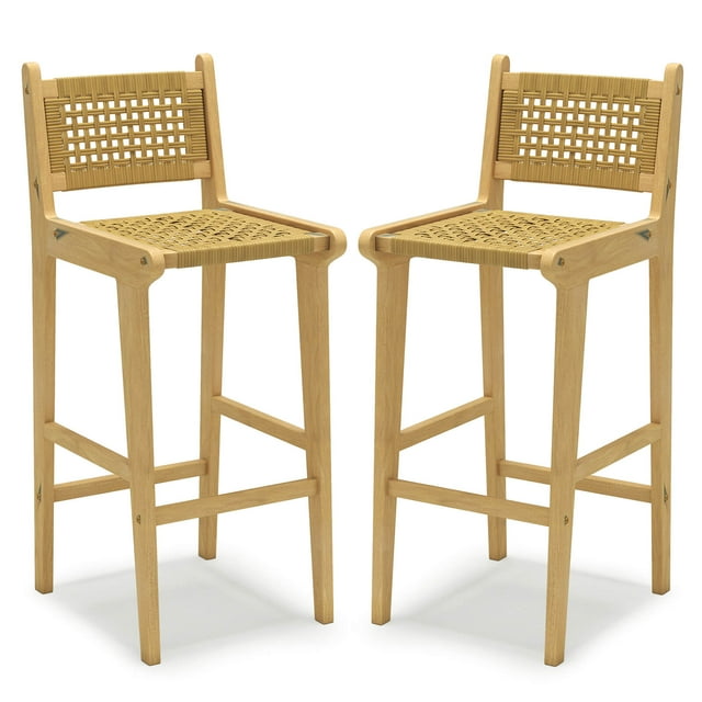 Costway 2 PCS Patio Teak Wood Bar Stool Outdoor Bar Height Chair with Rattan Backrest & Seat