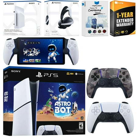 Sony PlayStation 5 Astro Bot Slim Digital Bundle with Disc Drive, Pulse Elite Headset, Extra Controller, PlayStation Portal, MightySkins Voucher and 1 Year Extended Warranty - Gray Camo