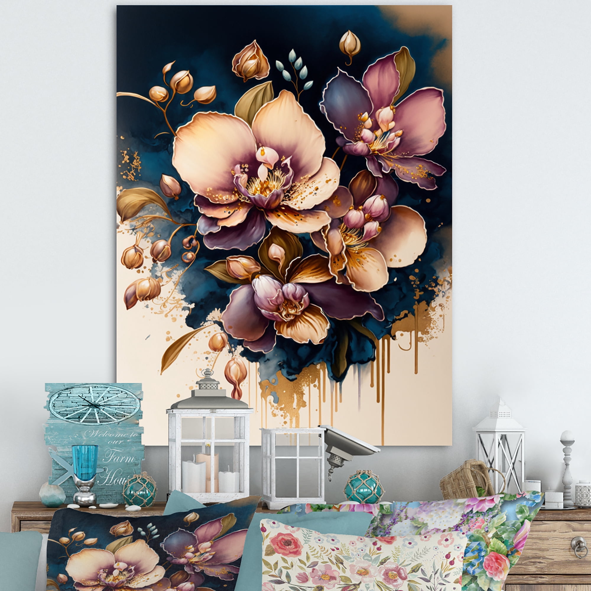 Designart Burgundy And Blue Orchid Bunch II Canvas Wall Art