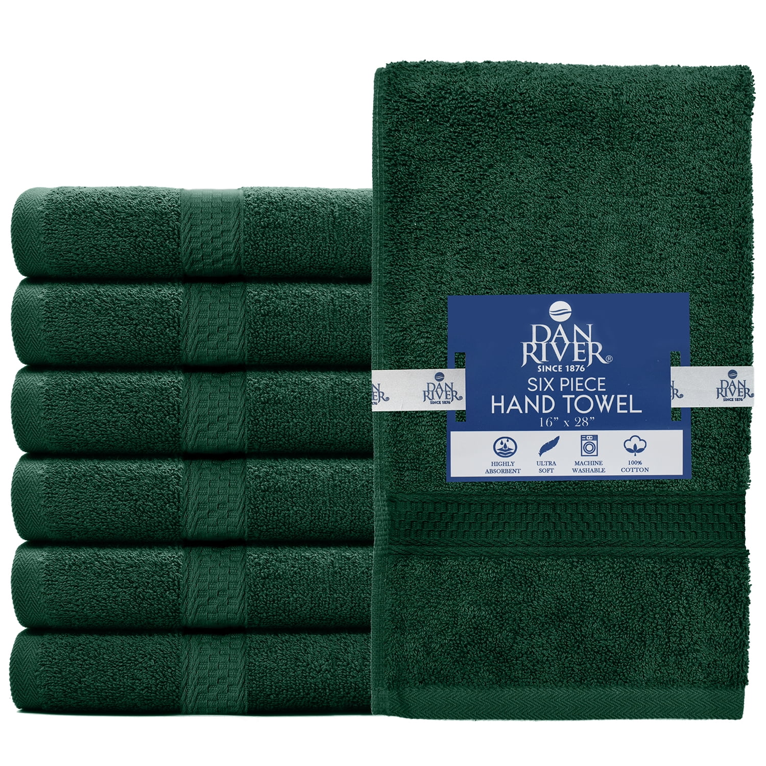 Dan River Hand Towel pack of 6 Quick Dry And Absorbent Cotton Towels for Bathroom - Hunter Green 16x28in