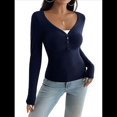 thumbnail image 2 of Camisa de Larga para Mujer, Cuello en V, Botones, Punto Acanalado, Corte Entallado, Informal, Básica, para y Otoño Azul M, 2 of 10