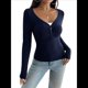 thumbnail image 2 of Camisa de Larga para Mujer, Cuello en V, Botones, Punto Acanalado, Corte Entallado, Informal, Básica, para y Otoño Azul M, 2 of 10