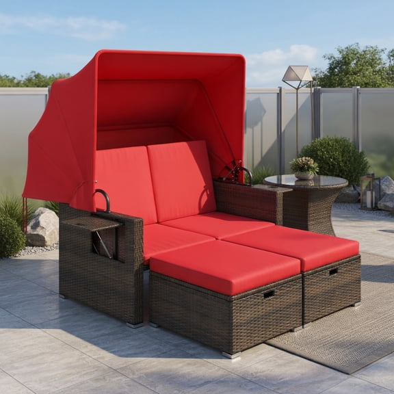 Aimee Lii Outdoor Patio Rattan Daybed with Retractable Canopy and Adjustable Backrests, Modern Patio Furniture for Outdoor Backyard Pool Deck-Red
