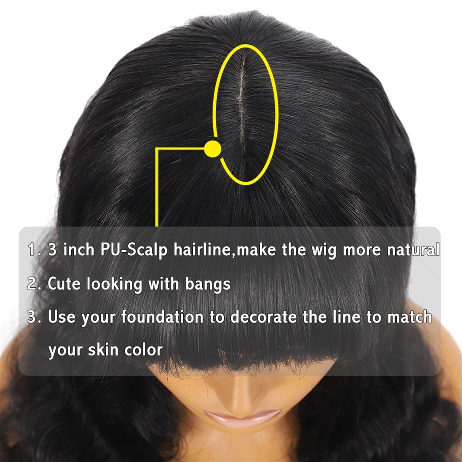 Fake Scalp Wigs with Bangs, Body Wave Brazilian Human Hair Wigs with Bangs 8-24 Inch Natural Top Scalp Human Fringe Wigs for Women