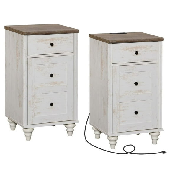 Set of 2 Rustic White End Tables with Drawers, Mid Century Modern Wooden Nightstands