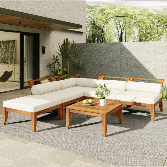 6 Piece Patio Sofa Set, Acacia Wood Outdoor Modular Sectional Garden Furniture Set L-Shaped Conversation Set, Convertible Daybed with Tea Table, Ottoman, 5 Cushions and Pillows, Teak Beige