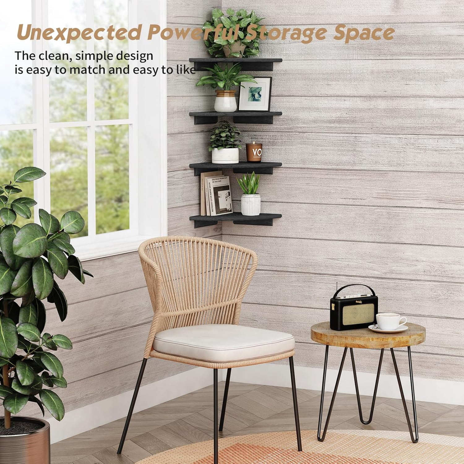 Black Floating Corner Bookshelf for Wall Set of 4, Large Corner Plant Shelves for Living Room, Rustic Rounded Hanging Bookshelves Wall Mounted for Bedroom Books, Kitchen, Closet, Office