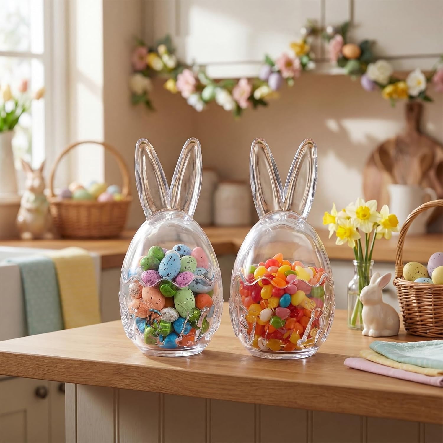 Easter Glass Candy Jar, Bunny Ears Storage Egg Jars, Clear Decorative Food Container for Easter Party Treats, Pantry Organization, Table Decoration 4*8.27 IN