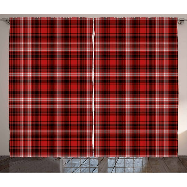 Red Plaid Curtains 2 Panels Set, Quilt Squares Rectangles Flannel
