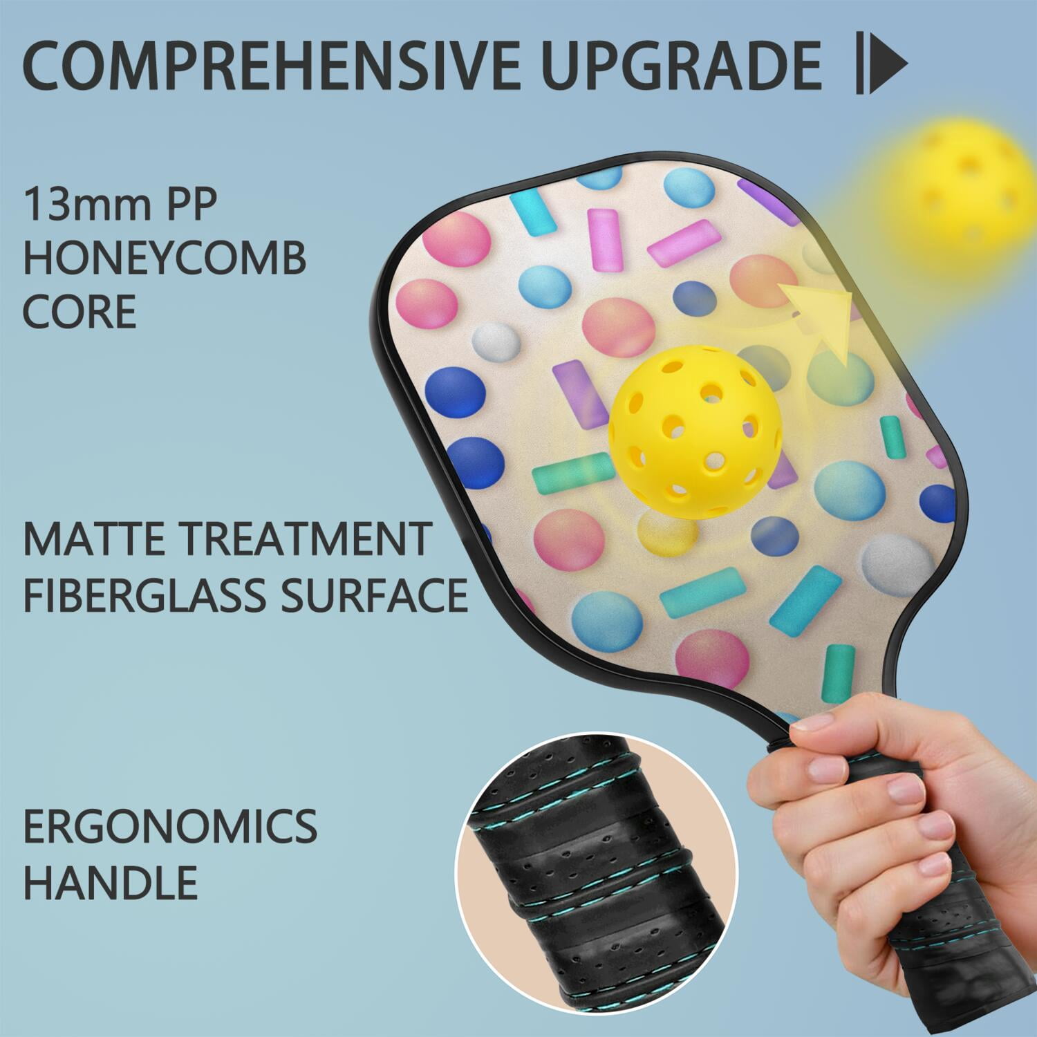 Pickleball Paddles Set Of 1, Fiberglass Surface, Sweet Candy Print, 1 Paddle, 2 Balls & Bag