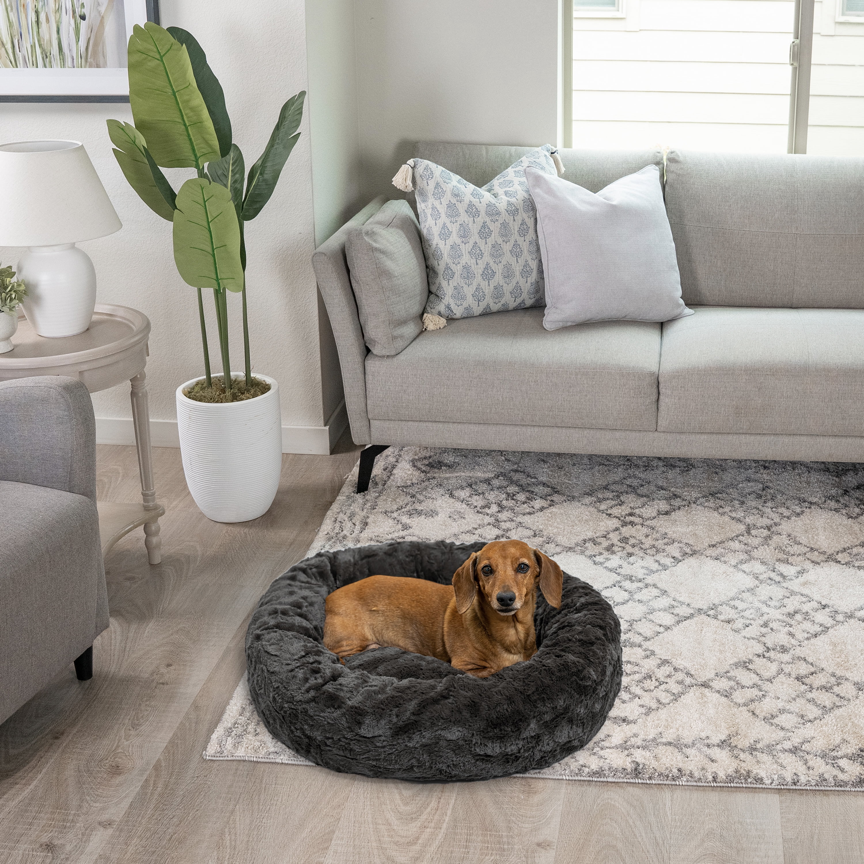 Best Friends by Sheri Original Calming Donut Dog and Cat Bed, Lux Faux Fur, Mink Dark Gray, (23in x 23in) - Anxiety Relief for Pets Up to 25 lbs