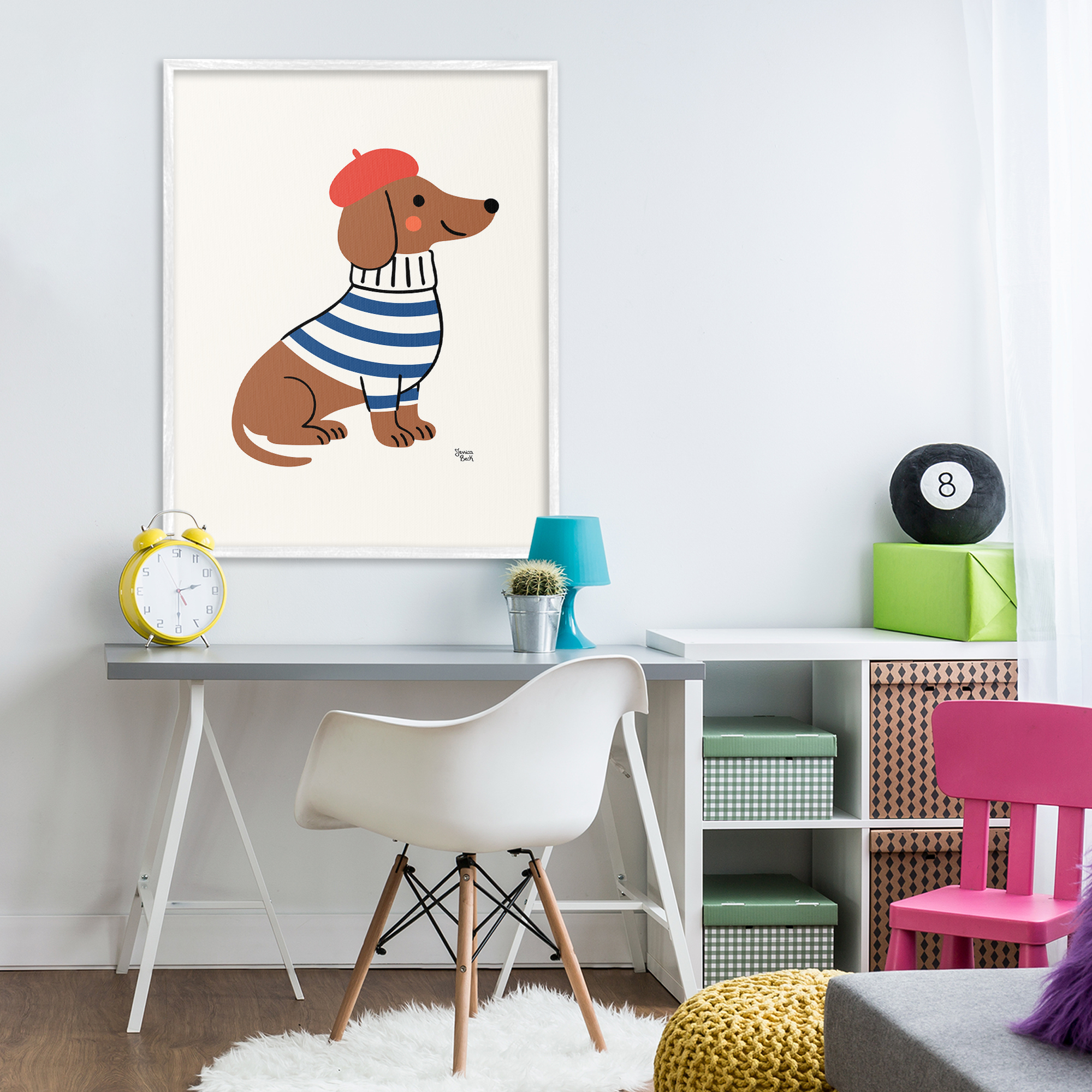 French Dachshund in Beret White Framed Giclee Art, design by Jessica Beck