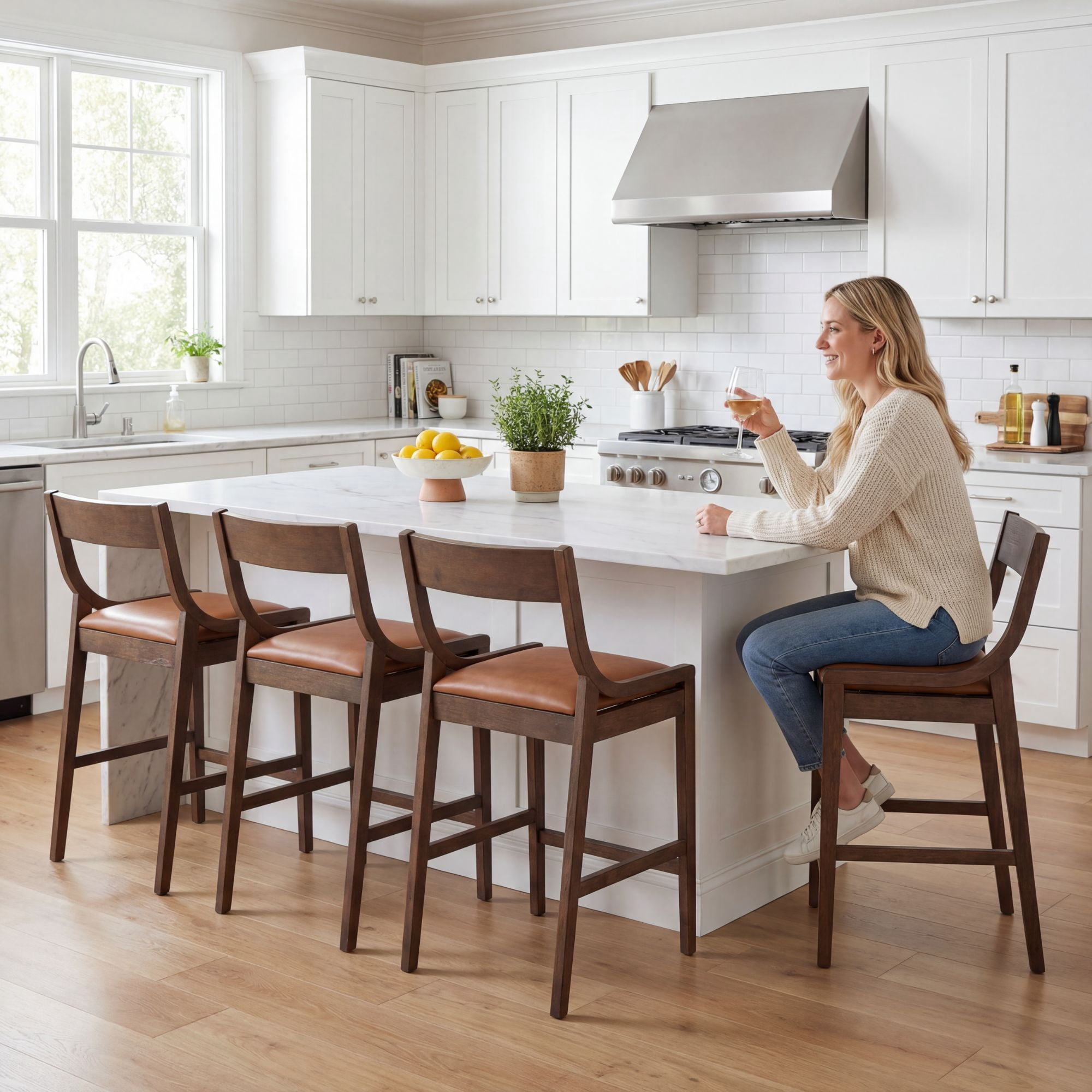 Dayalane Modern Farmhouse Bar Stools Set of 4, 26”Counter Height Bar Stools with Slatted Back, PU Leather Upholstered & Solid Wood Legs Barstools for Kitchen Island Dining Rooms and Home Bars, Brown