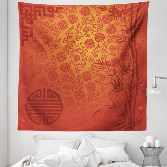 Chinese Tapestry, Eastern Scenery with Branches Traditional Chinese Print, Fabric Wall Hanging Decor for Bedroom Living Room Dorm, 5 Sizes, Pale Orange Burgundy, by Ambesonne