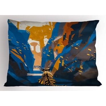 Ambesonne African Pillow Sham, Tiger Striped in City, 26" X 20", Orange Blue