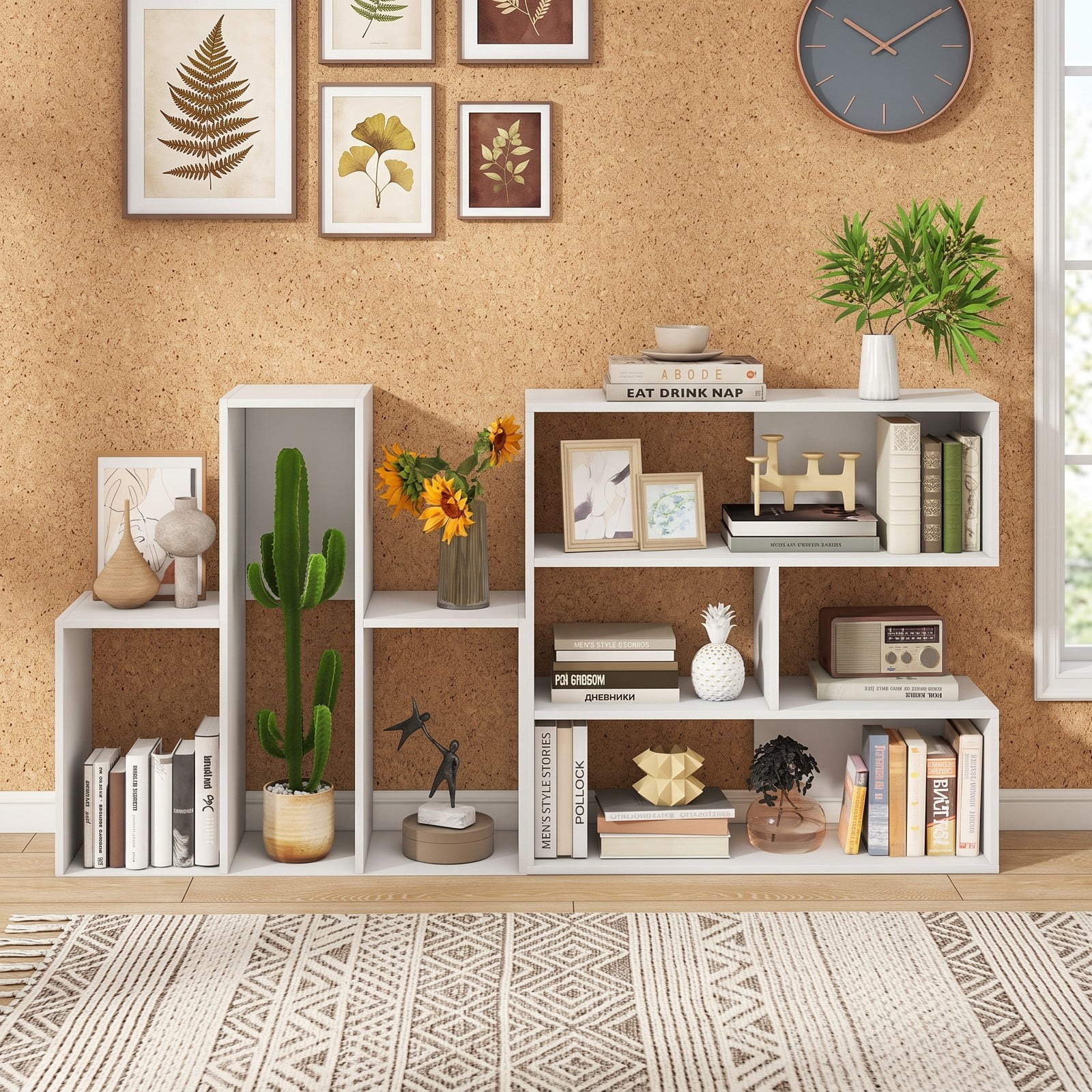 Furnibear Convex Bookshelf, Geometric Bookcase with 3 Open Shelves and Anti-Toppling Device, Freestanding Engineered Wood Display Storage Rack for Living Room, White