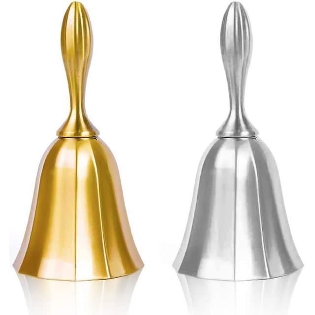 Campana de mano, 2 piezas, campana de llamada para bodas, campana de cena dorada y de peltre, campana de aula para niños