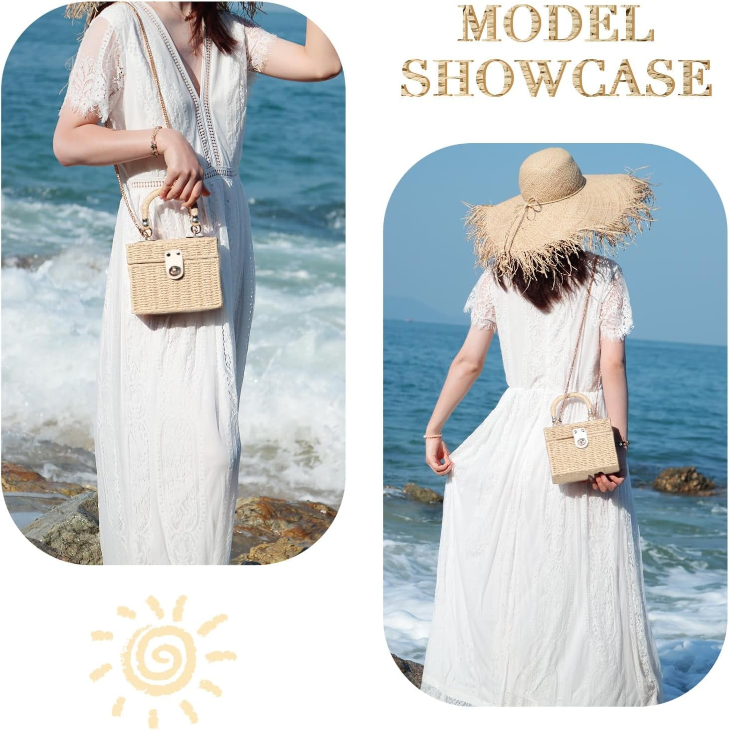Women Handwoven Rattan Handbag Beach Straw Tote Bag Square Boho Crossbody Bag