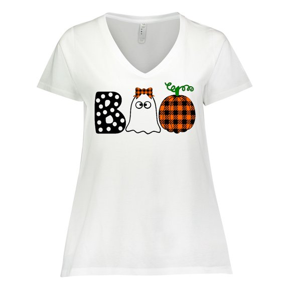 Inktastic Boo Halloween Ghost and Plaid Pumpkin Women's Plus Size V-Neck T-Shirt