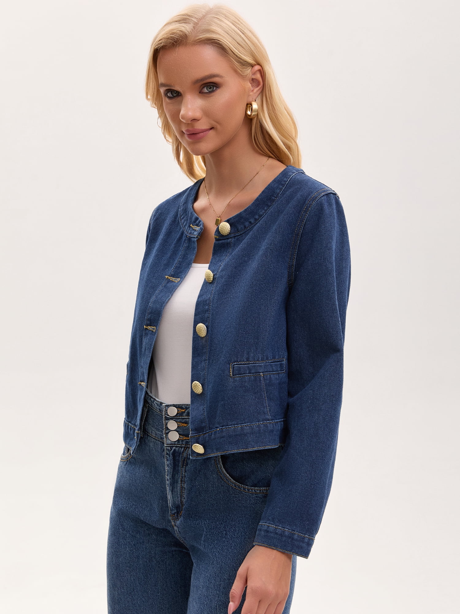 DARING DIVA Women's Collarless Long Sleeve Button Down Jean Jacket M Dark Blue
