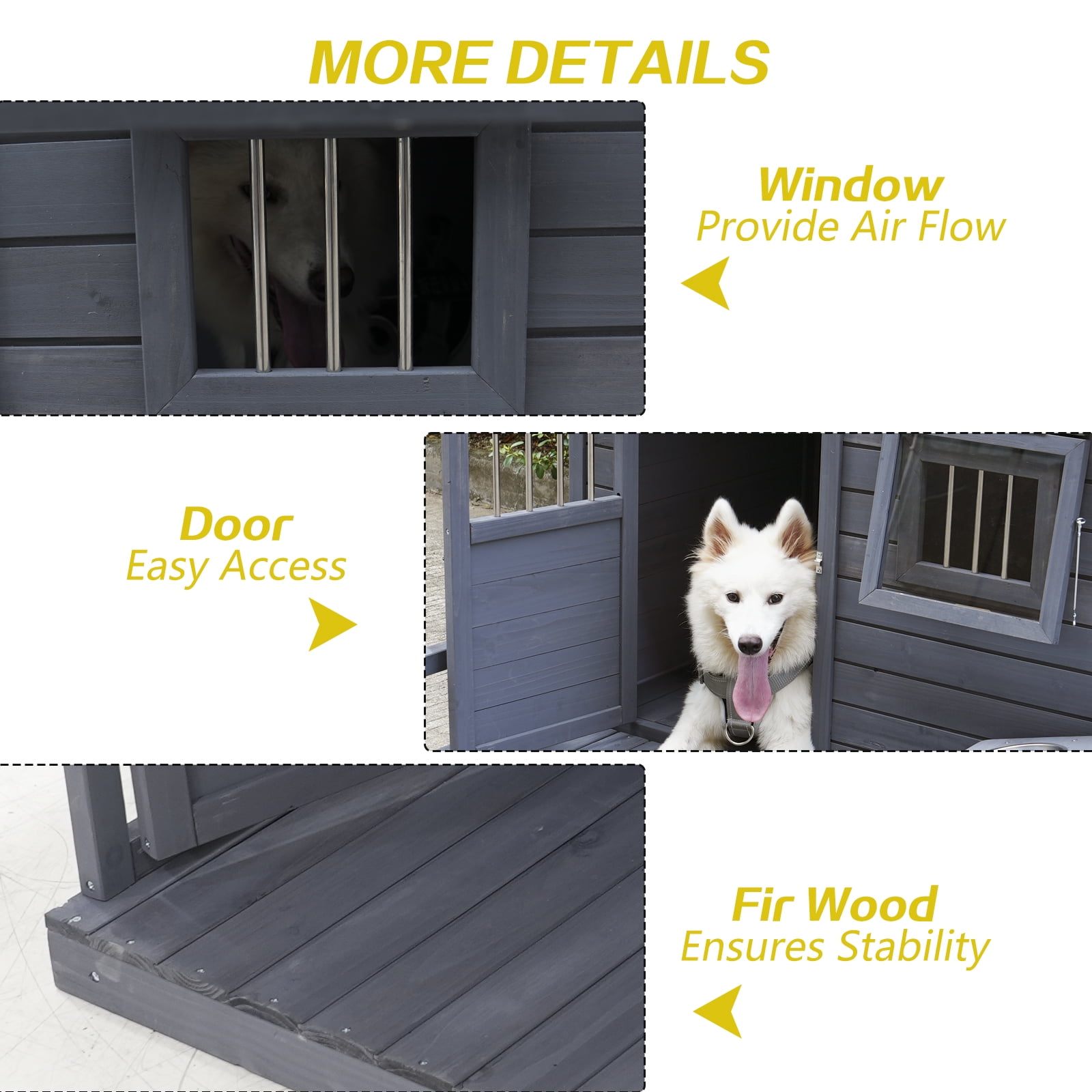imerelez Large Dog House with Terrace 44.2"x44.6"x44.6" Solid Wood Weatherproof Outdoor Kennel for Dogs up to 80lbs, Gray