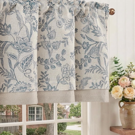 Linen Valance Curtain Farmhouse 16 Inch 1 Panel Blue on Beige