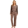 thumbnail image 3 of GEX 100% Cotton Pajamas for Women PJ Set Soft Button-Down 2 Piece Set Knitted Long Sleeve Sleepwear Loungewear Brown XL, 3 of 7