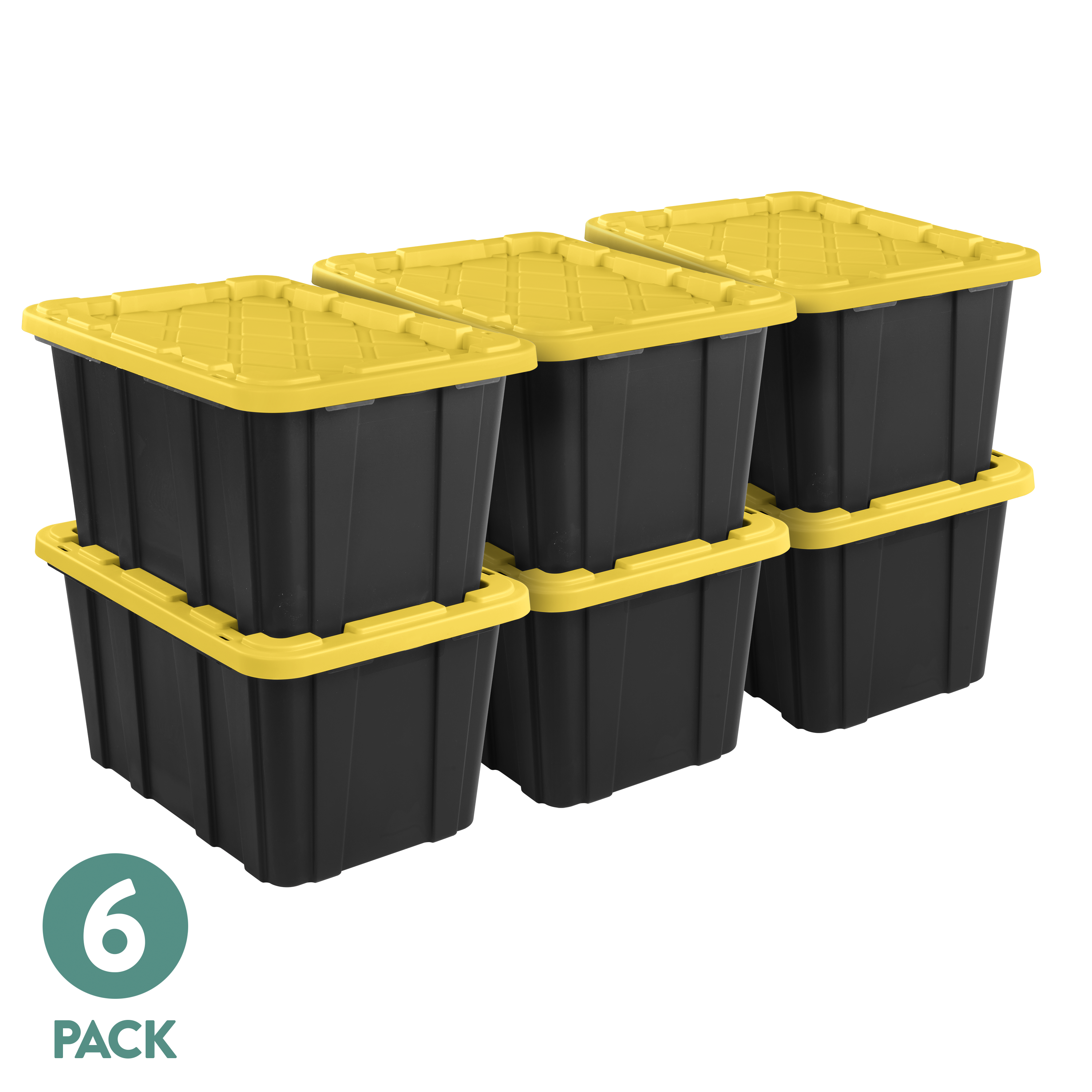 Sterilite Large Storage Bin, 27 Gallon Durable Plastic Storage Tote with Snap-On Lid, Black and Yellow, 6 Pack
