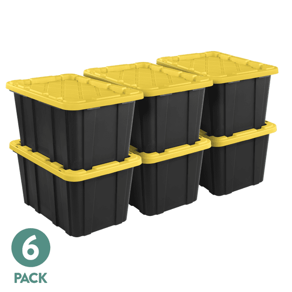 Sterilite Large Storage Bin, 27 Gallon Durable Plastic Storage Tote with Snap-On Lid, Black and Yellow, 6 Pack