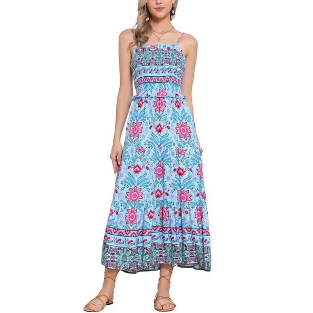 INSPIRAR CHIC Vestido Maxi Sin Mangas de Tirantes Espagueti con Volantes de Flores Bohemio para Mujeres M Azul Claro
