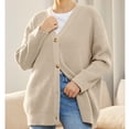 thumbnail image 3 of Jersey de mujer de color liso con escote en V y botones a juego sencillos de estilo europeo y estadounidense, 3 of 5