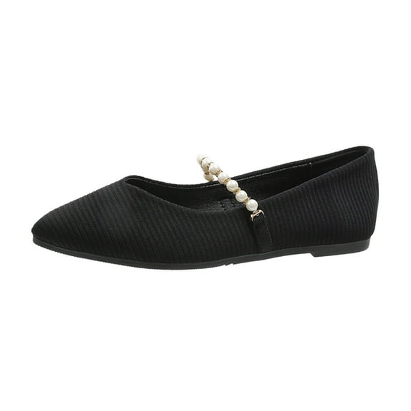 Dakaela Mary Jane Flats for Women Pointy Toe Slip on Wedding Ballet Dress Shoes with Pearl Strap Black 6.5