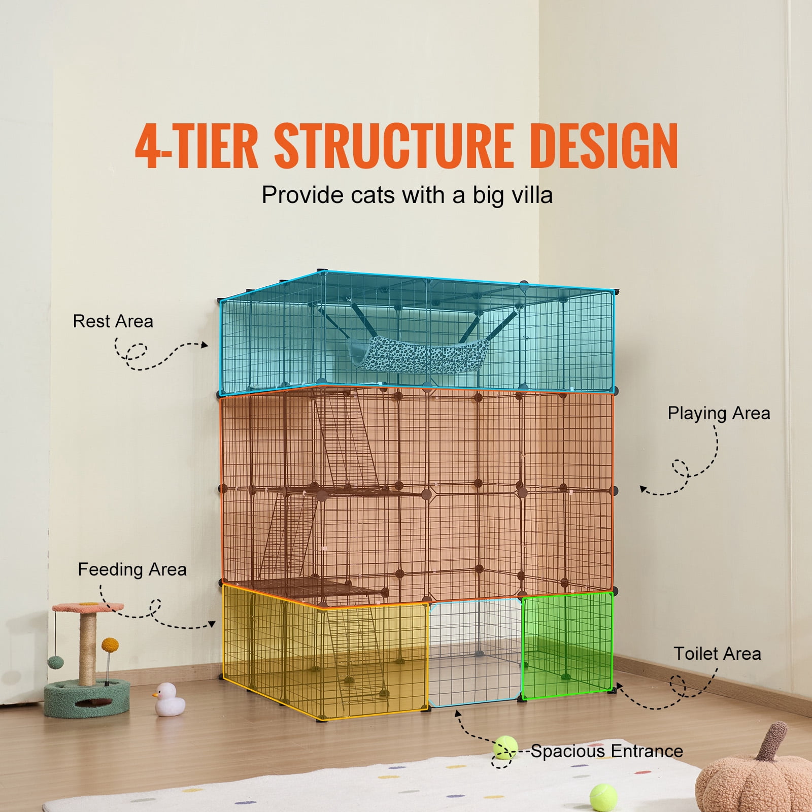 KFFKFF 4-Tier Cat Enclosure 41 x 41 x 55", Large Cat Cage with Hammock, 4 Entryways, Ladders, Metal Wire Cat Habitat Cat Kennel, Black