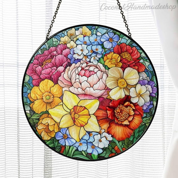 New Colorful Flowers Glass Suncatcher, Flower Suncatcher Gift for Family, Grandmas Garden Gift, Flower Lover Gift, Sun Catcher Gift for Mom Nana