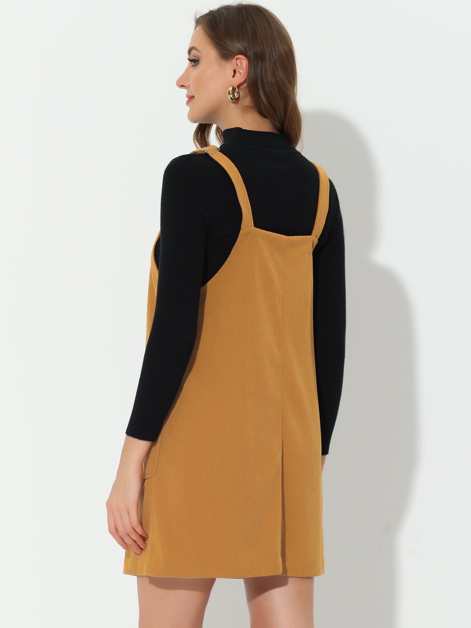 Unique Bargains Women's Corduroy Straps Pinafore Button Decor Overall Dress M Mustard