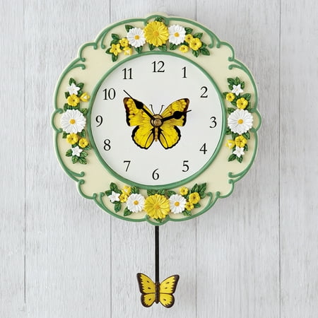 Yellow Butterfly and Daisy Wall Clock with Swinging Pendulum, Hand-Painted