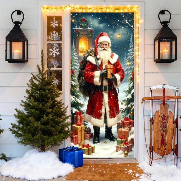 Cortina navideña para puerta con diseño de Papá Noel | Decoración festiva para la puerta principal | Decoración de interior para puertas de tela de poliéster