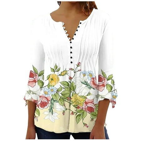 JUUYY Henley Shirts for Women Casual 3/4 Flared Sleeve Button V Neck Boho Floral Pattern Printed Ruched Pleated Tunic Tops Loose Flowy Comfy Baggy Blouse Yellow S