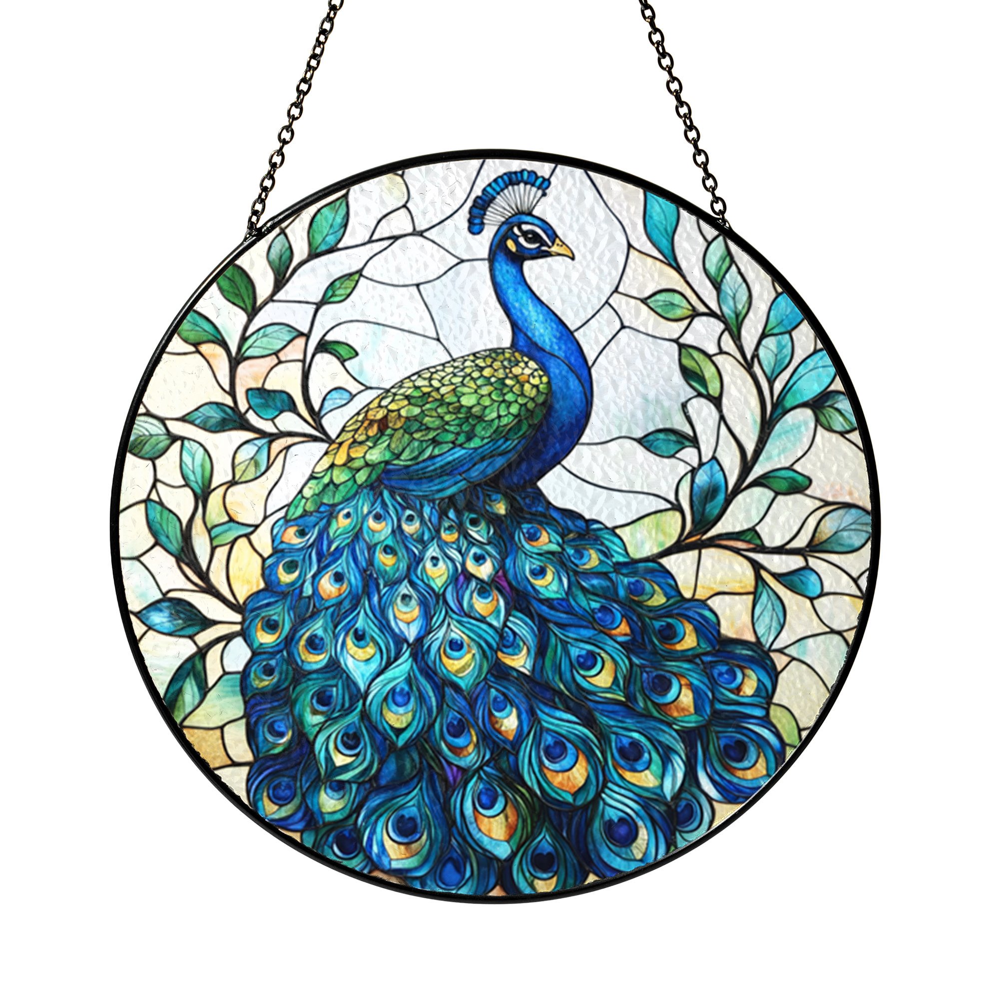 Peacock Metal Sign Stained Glass Style Wreath Wall Plaque Colorful Garden Decor Accent Outdoor Hanging Ornament Nature Inspired Home Gift