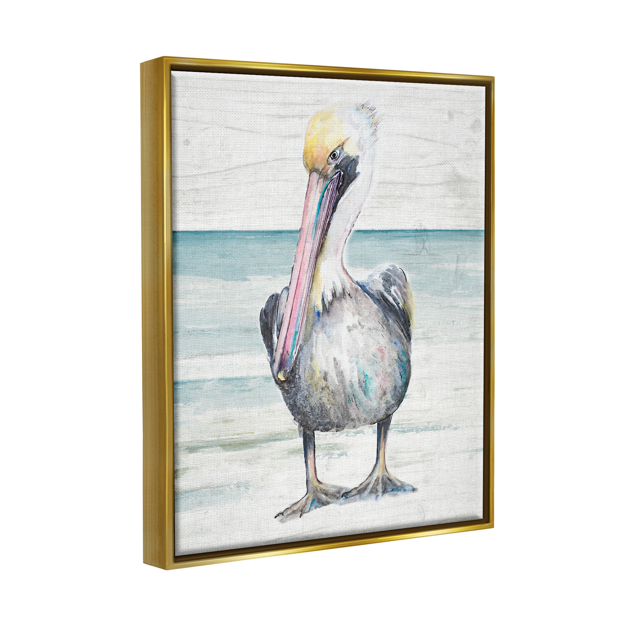 Stupell Industries Pelican Bird Standing Beach Sand Grain Pattern Graphic Art Metallic Gold Floating Framed Canvas Print Wall Art, Design by Patricia Pinto