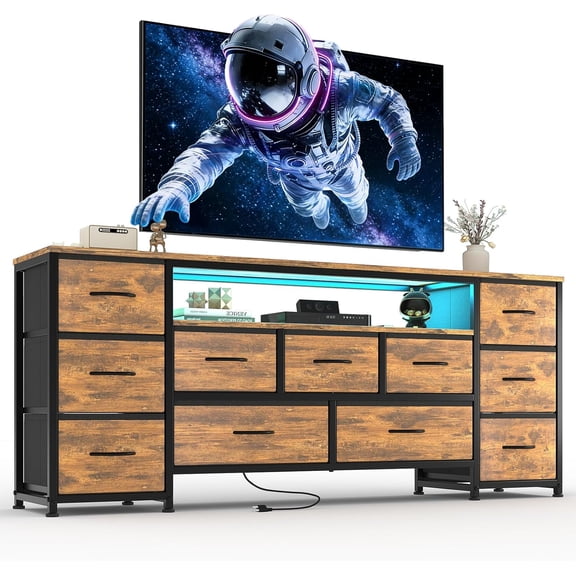 11 Drawer Dresser for with Power Outlets and LED Lights, 63 Inch TV Stand for 65, 70 Inch TV, Entertainment Center with Storage, Wide Chest of Drawers with Open Shelves for Living Room, Bedroom