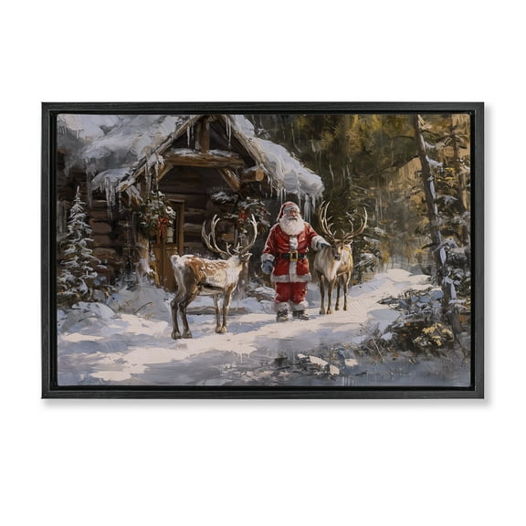 Stupell Industries Traditional Santa by Cabin Holiday Painting Black Floater Framed Canvas Art Prints Wall Art, 25 x 17