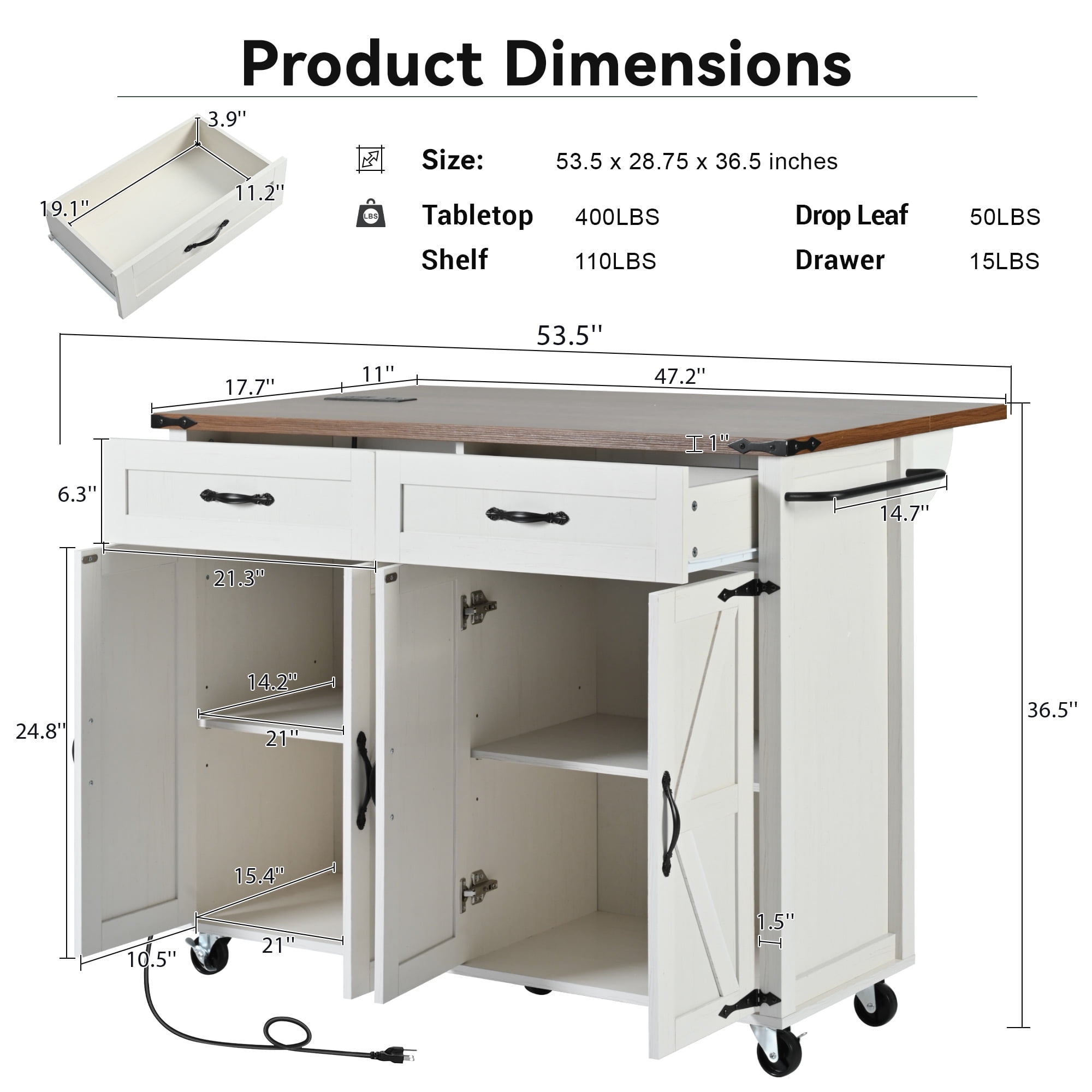 53.5"W Farmhouse Rolling Kitchen Island with Storage, Mobile Kitchen Islands with Drop Leaf and Power Outlet, Rustic Kitchen Storage Cart with Spice Rack for Dining Room