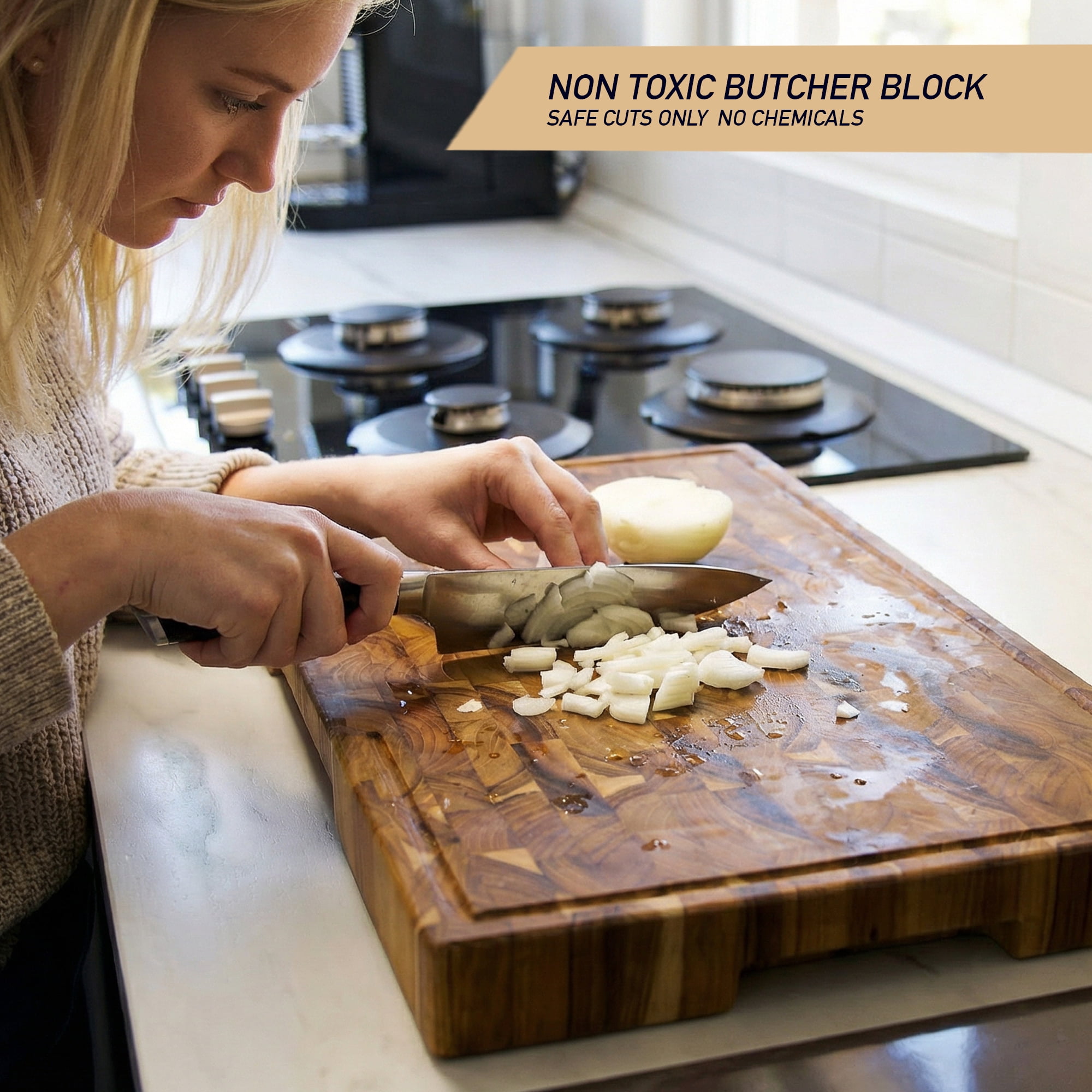 Babilonia Teak Cutting Board, 15.7 x 10.2 x 1.7 inch End Grain Wood Chopping Board with Juice Groove and Handle (Oil & Plate Included)