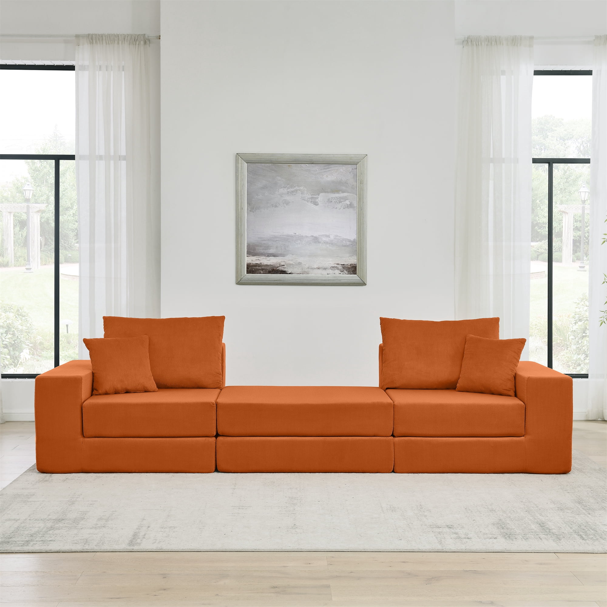 Miniyam No Assembly Sectional Sofa, Ready-to-Use Modular Cloud Couch, Corduroy Deep Seat with Ottoman and Pillows, Unbox and Relax, Orange